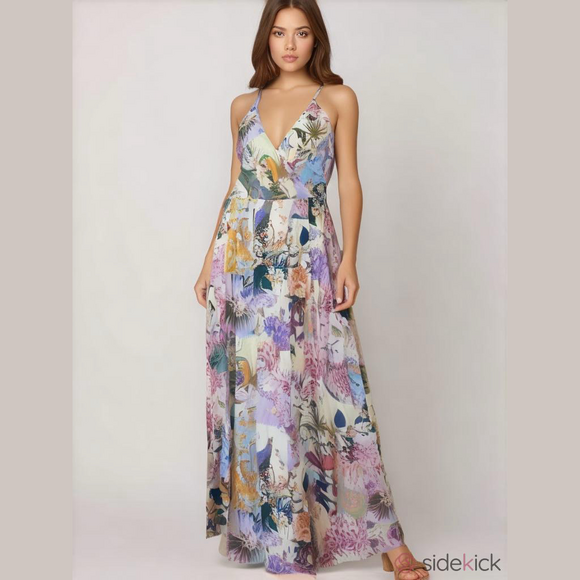 SHEIN Dresses & Skirts - Shein Curve Floral and Parrot Print Plunging V Neckline Maxi Dress NWOT SKU 002